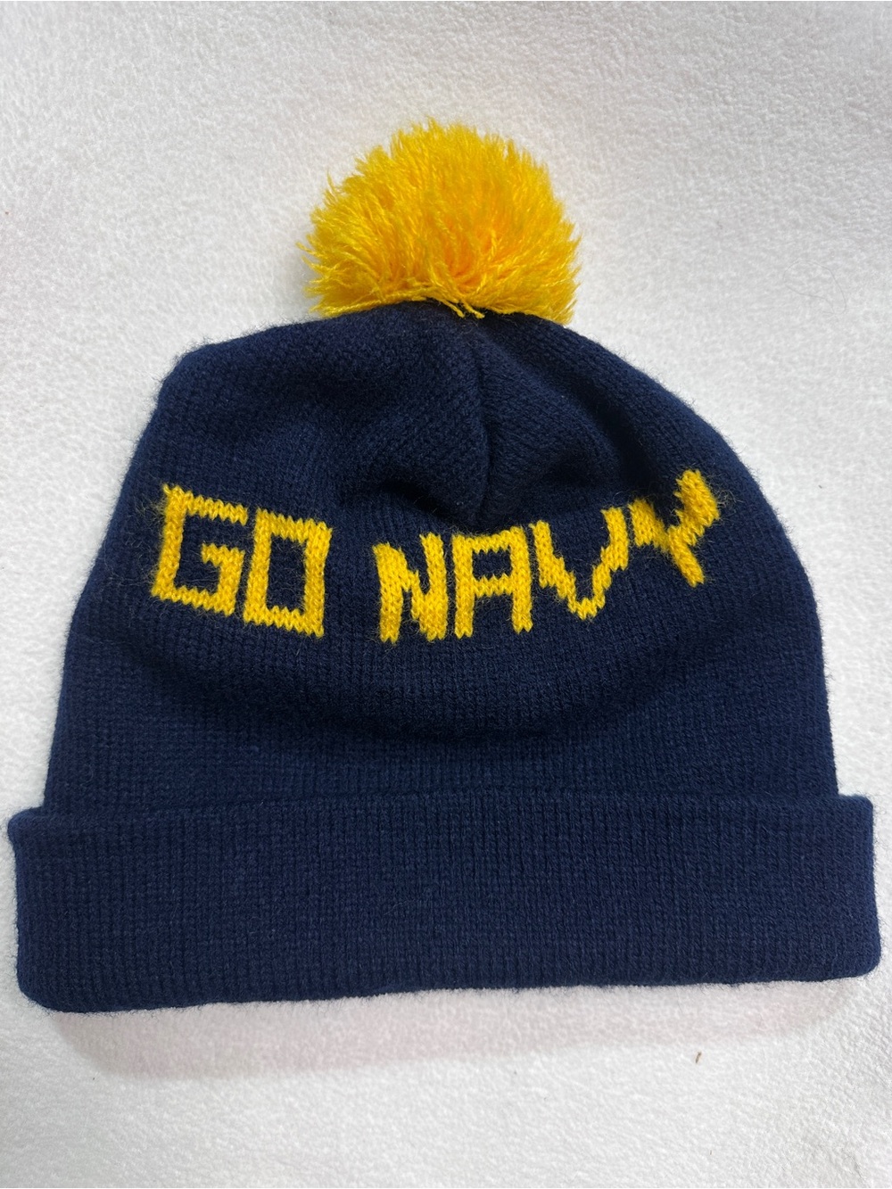 Navy Blue Pom Beanie with Yellow 'GO NAVY' Accent
